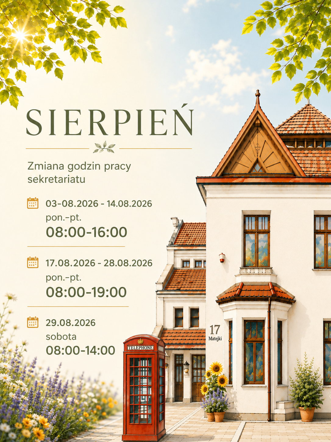 Sierpień- godziny pracy sekretariatu